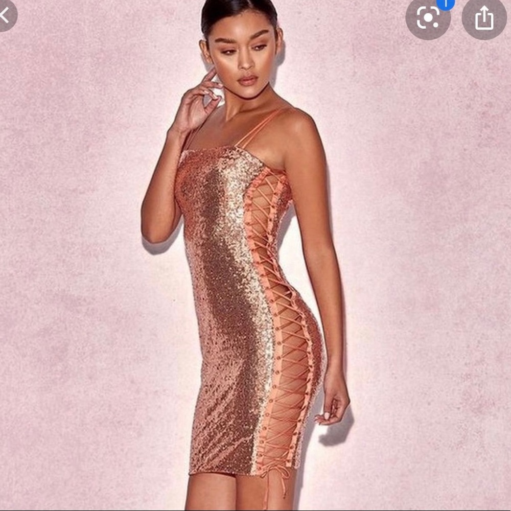 House of CB Harlee peach sequin lace up dress